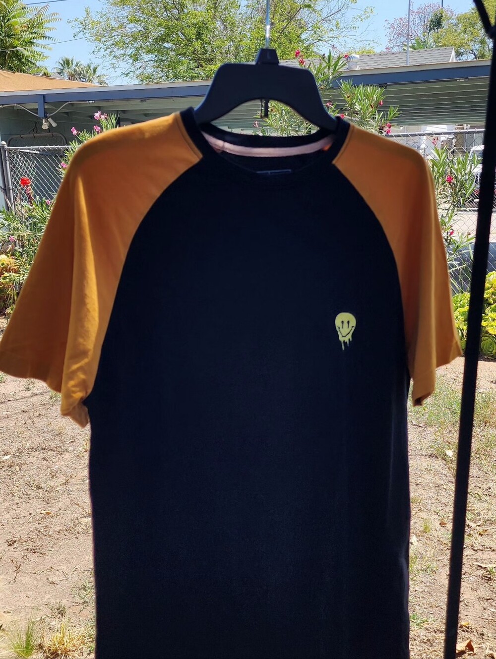 Men's Black and Mustard Raglan T-Shirt with Drip Smiley